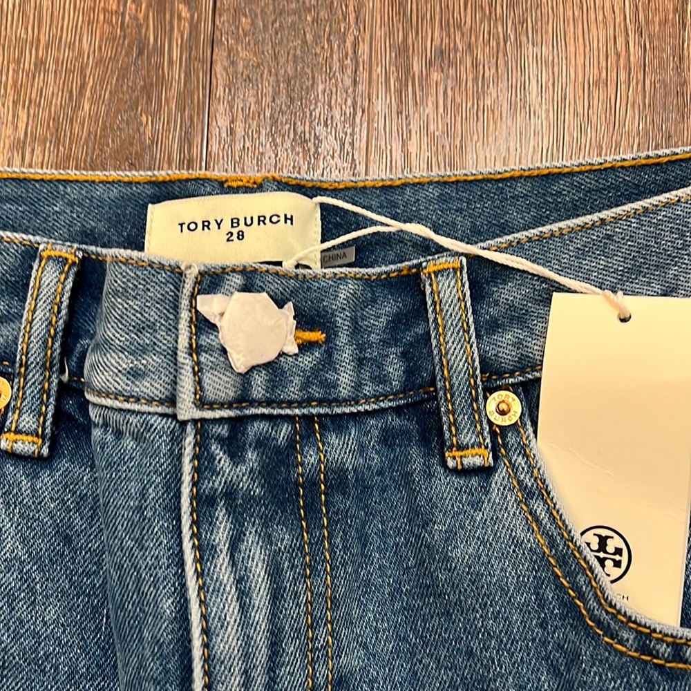 Tory Burch-size 28-brand new, NW, mid-rise slim straight jean-light crease wash.